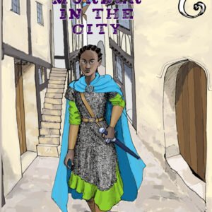 Young woman wearing chain-mail in a medieval street setting