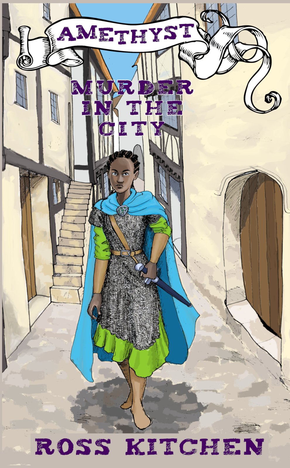 Young woman wearing chain-mail in a medieval street setting